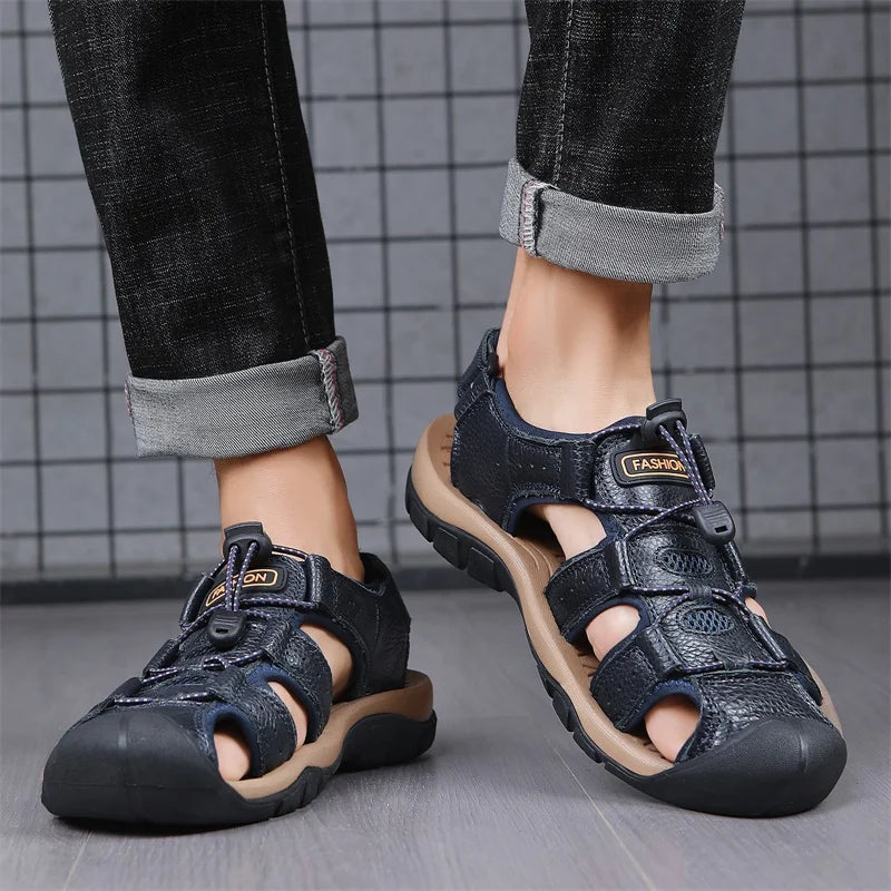 2025 Summer Men Sandals Leather Mens Casual Shoes Breathable Outdoor Sandals for Men Beach Shoes Slippers Fashion Roman Shoes