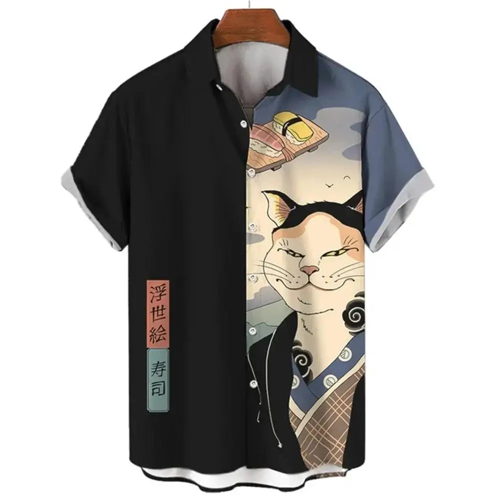 Fashion Men's Clothing Cool Samurai Cat Tops Summer New Men's Clothing Casual Short-Sleeved Anime Loose Blouse Hawaii Beaches