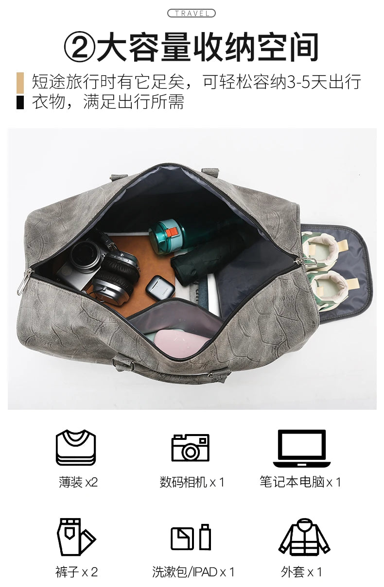 Soft Leather Travel Bag Large Capacity Fashion Weekend Bag Handle Bag Lightweight Sports Gym Bag With Separate Shoe Compartment