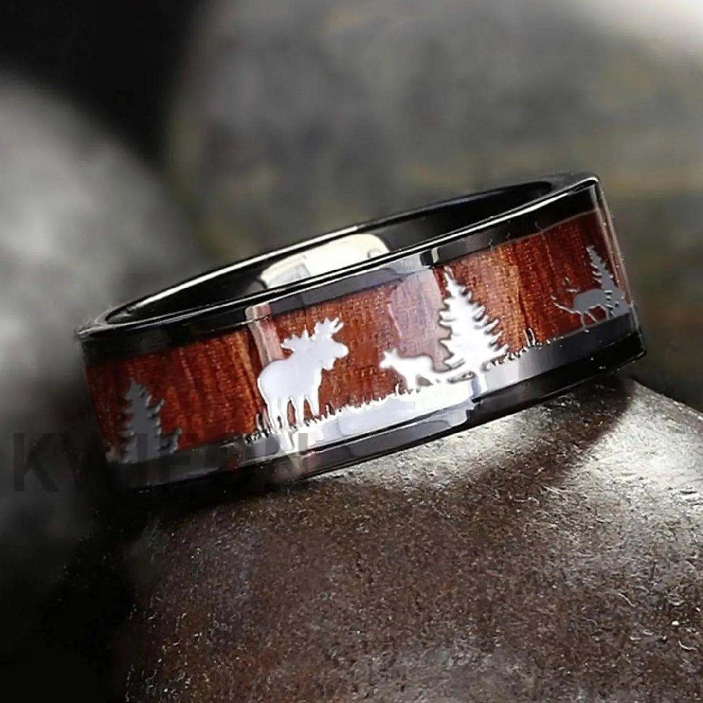 Fashion Deer Family Black Hunting Stainless Steel Rings for Men Women KOA Wood Inlay Beveled Polished Edge Wedding Bands Jewelry