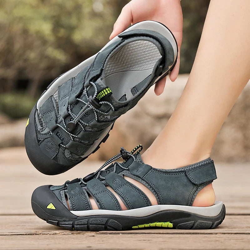Men's Sport Sandals Outdoor Hiking Sandals Closed Toe Leather Fashion All-match Light Trail Walking Casual Sandals Water Shoes