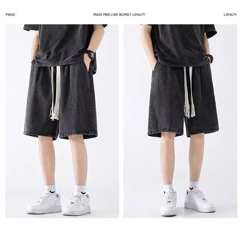 Men New Casual Shorts Male Summer Fashion Straight Leg Five Quarter Loose Fit Denim Pants High Street Wide Leg Baggy Pants