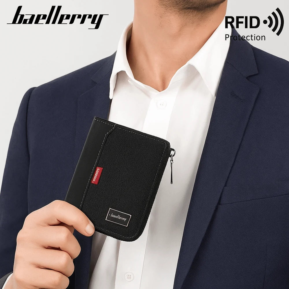 Portable PU Leather Men's Wallet Multi-functional Large Capacity Short Card Bag Zipper Closure Square Business Wallet Male