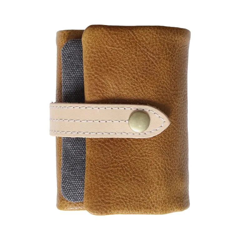 2025 Handmade Wallet Men's Short Leather Triple Fold Money Clip Cowhide Youth Buckle Student Vertical Vegetable Tanned Leather