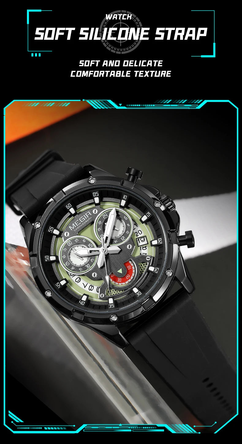 MEGIR New Sport Watches for Men Fashion Chronograph Quartz Wristwatch with Silicone Strap Luminous Hands Calendar Waterproof