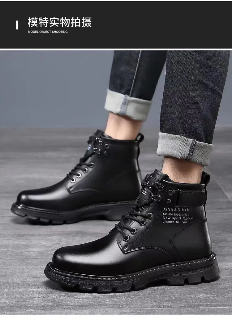 Winter Men's High Top Boots Trendy Black Motorcycle Boots Outdoor Warm Platform Boots Men Lace-up Leather Boots Bota Masculina