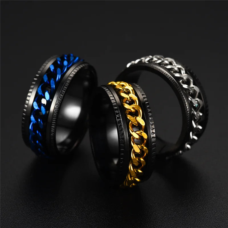 Stainless Steel Rotatable Chain Ring for Couples Jewelry Spinner Fidget Release Anxiety Ring Multifunctional Anillos De Ansiedad