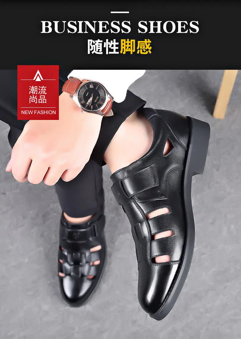 Men's Summer New Style Business Casual Genuine Leather Sandals With Hollow Outsole Anti-Slip Middle-Aged Father Leather Shoes