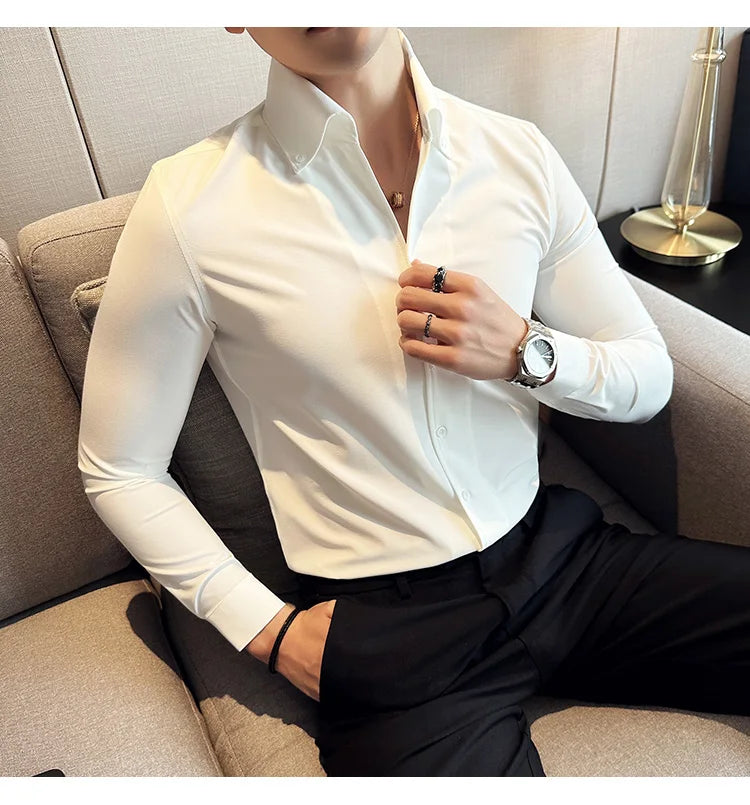 Men Dress Shirt 2025 Autumn British Style Solid Casual Slim Fit Formal Camisas V-neck Long Sleeves Shirt Streetwear Men Clothing