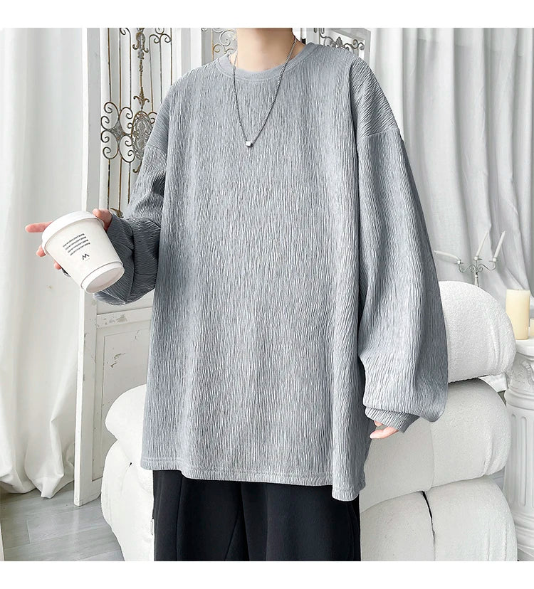 Men's High Street Long Sleeve T-Shirt - Trendy Casual Top Loose Fit Comfortable Wear, Modern Minimalist Style, Everyday Essentia