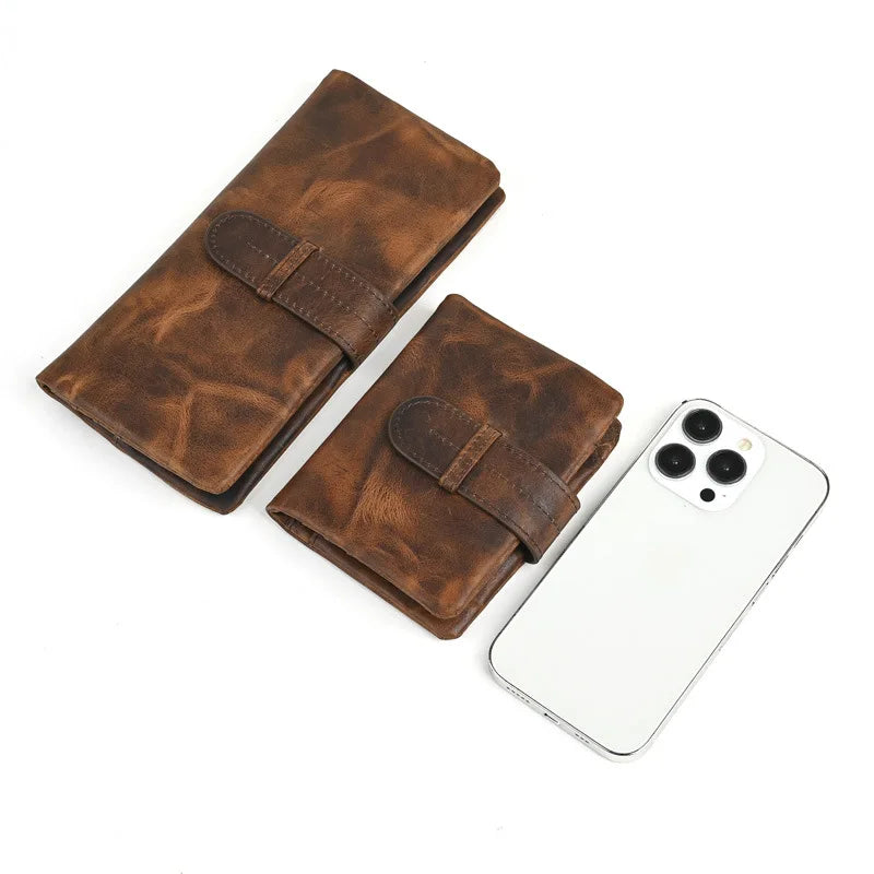 Vintage Genuine Leather Men's Long Wallet Real Cowhide Leather Long Purse Men Women Smooth Skin Leather Card Purse Anti Theft