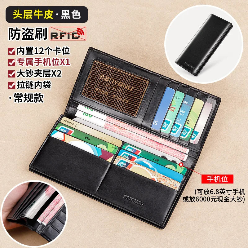 Banyanu Leather Factory Wallet Men's Long Leather Ultra Thin Anti theft Brushed Leather Wallet with Zipper Leather Wallet
