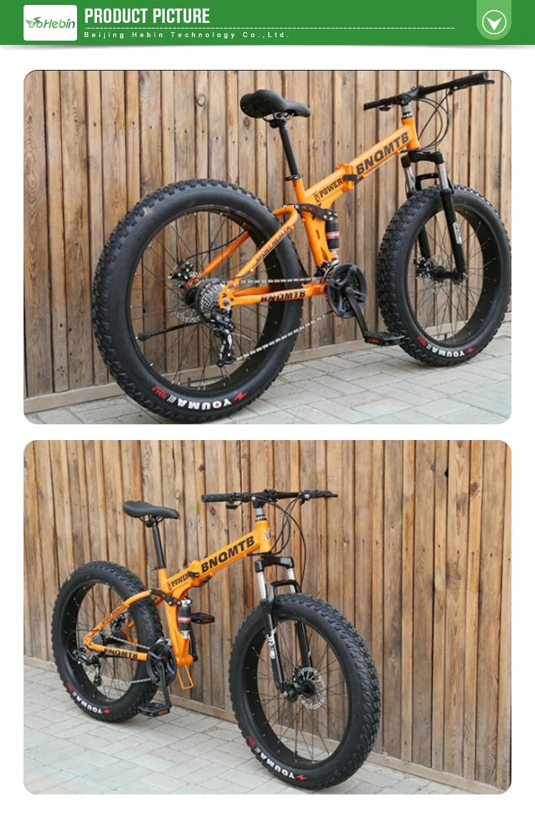 Folding Snow Mountain Bike High Carbon Steel Frame Dual Disc Brakes Soft Tail Design 4.0 Tire Width Wheels 7-Speed