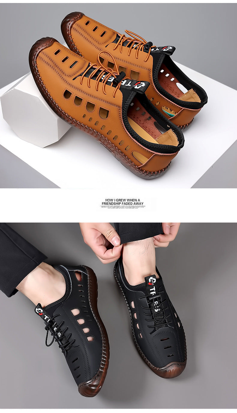 Men's Soft Leather 2024 Summer Men Leather Sandals Breathable Non-slip Cow Tendon Sole Casual Leather Shoes Outdoor Beach Shoes
