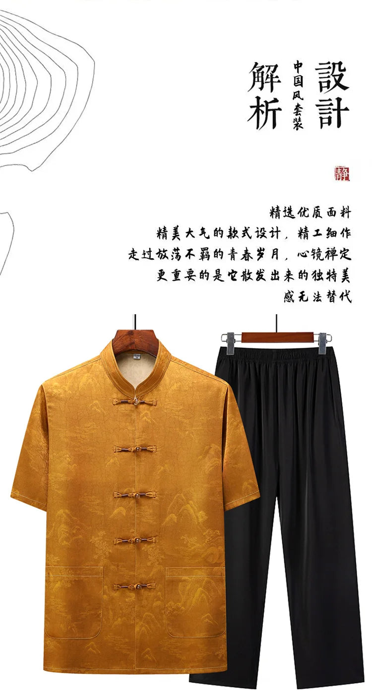 (Shirt + trousers) 2025 summer new fashion men shirt short sleeve shirts mens sets High quality shirts male Two Piece M-4XL