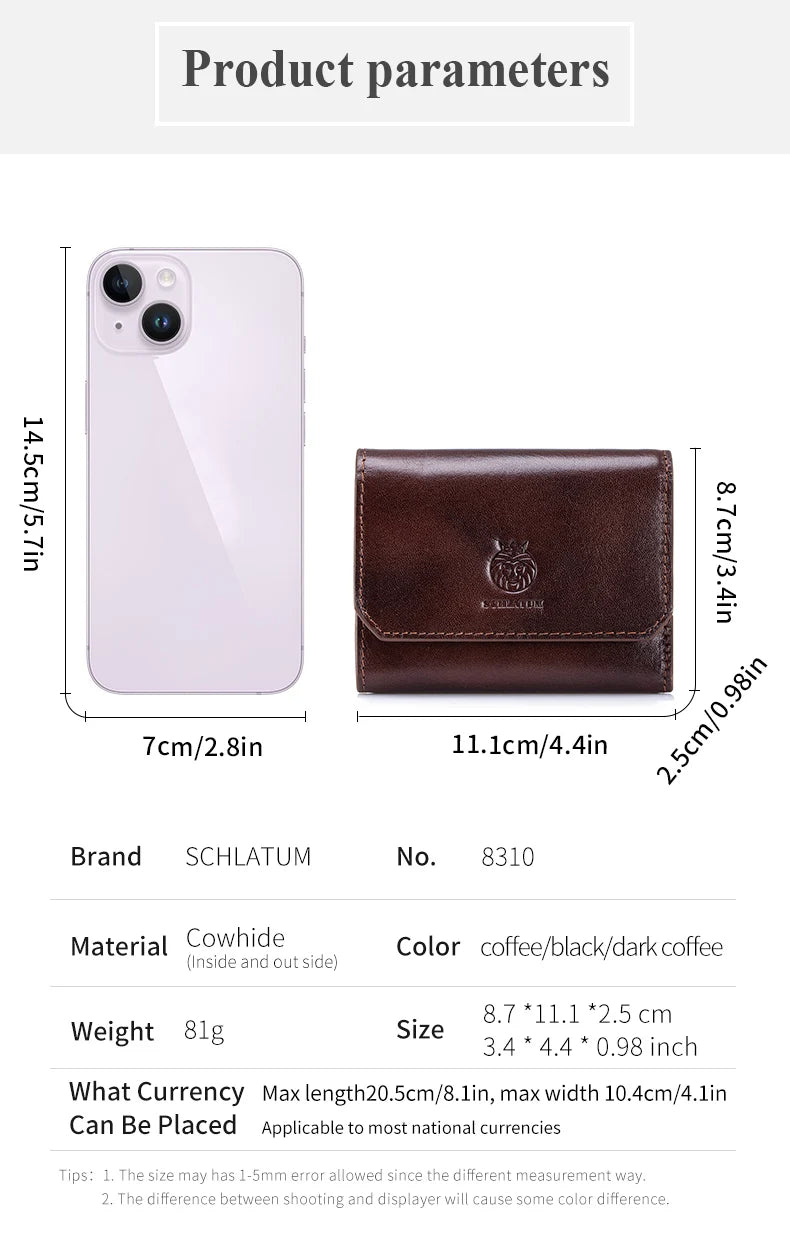 Genuine Leather Wallet for Men Minimalist Tri-Fold Purse with RFID Protection  Zipper Coin Pocket  Credit Card Slots