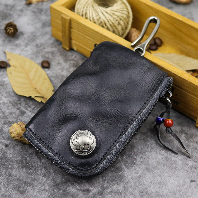 Natural Leather Key Wallet for Men Short Zipper Car Key Holder Real Leather Coin Purse Card Case Bag Keys Organizer Housekeeper