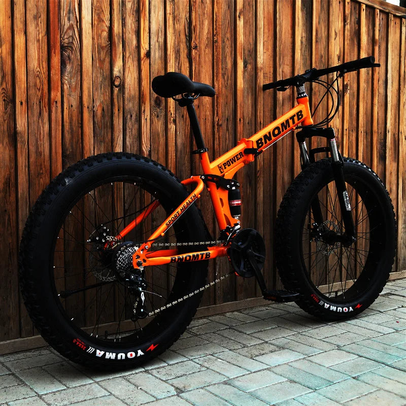 Folding Snow Mountain Bike High Carbon Steel Frame Dual Disc Brakes Soft Tail Design 4.0 Tire Width Wheels 7-Speed