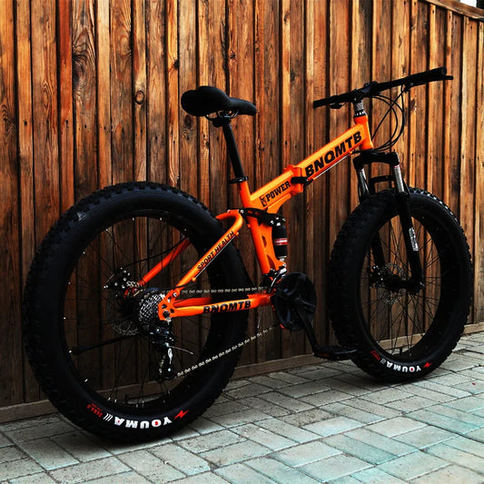 Folding Snow Mountain Bike High Carbon Steel Frame Dual Disc Brakes Soft Tail Design 4.0 Tire Width Wheels 7-Speed