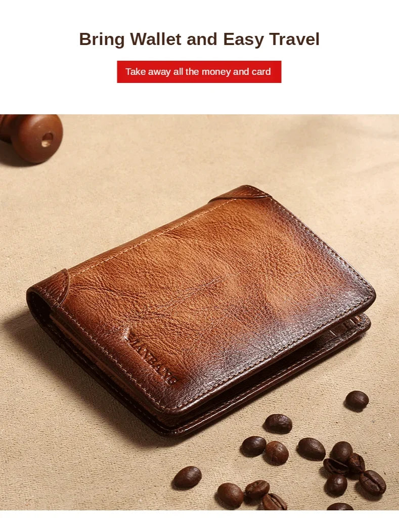 【Genuine Cow Leather / Gift Box】ManBang Luxury Men's Wallet RFID Short Trifold For Men with ID Window and Credit Card Holder