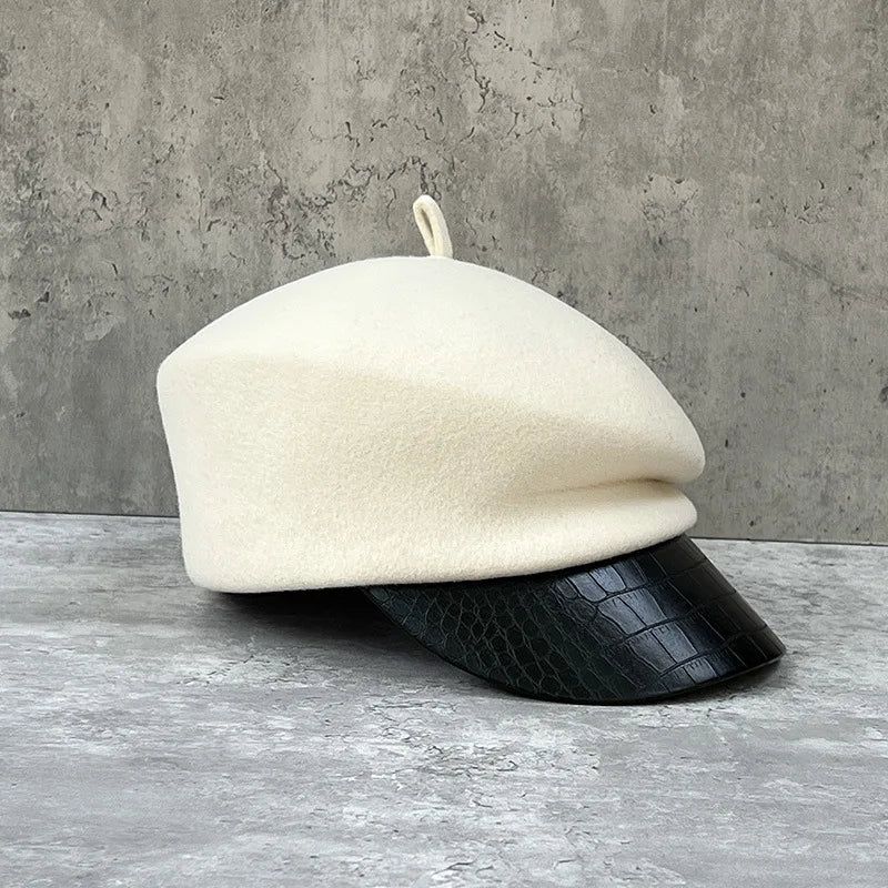 Fashion leather brim wool beret women's autumn/winter Korean style newsboy hat British knight hat duck cap Japanese system