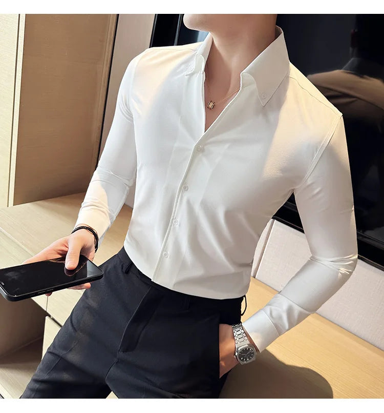 Men Dress Shirt 2025 Autumn British Style Solid Casual Slim Fit Formal Camisas V-neck Long Sleeves Shirt Streetwear Men Clothing
