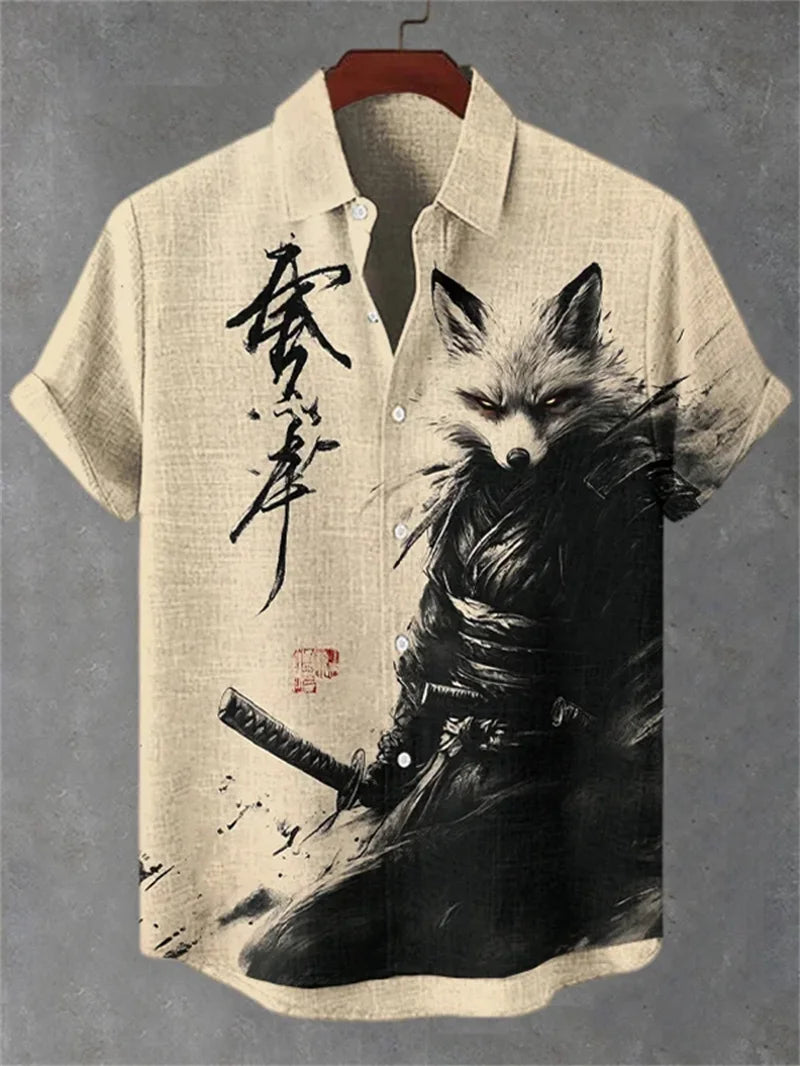 New men's linen art 3D wave print short sleeved shirt with warrior cat animal pattern casual short sleeved shirt top