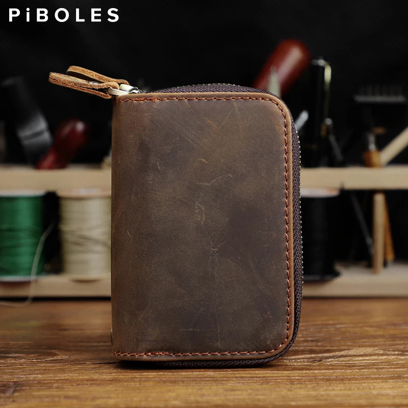 Genuine Leather Key Wallet For Men Retro Car Smart Key Case Double Zipper Housekeeper Keys Coin Pouch Organizer Handbag Women