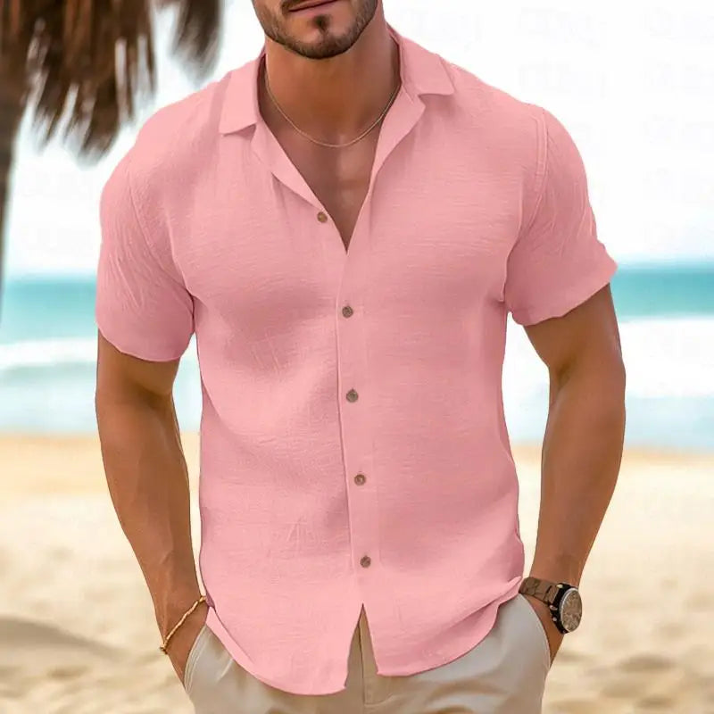 Men's Linen Shirt Summer Shirt Beachwear Button Shirt Black White Pink Blue Khaki Short Sleeve Solid Lapel Shirt