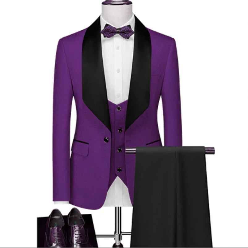 Hot Selling Men Suits Pattern and Black Groom Tuxedos Shawl Satin Lapel Groomsmen Wedding Best Man ( Jacket+Pants+Vest+Tie) C691