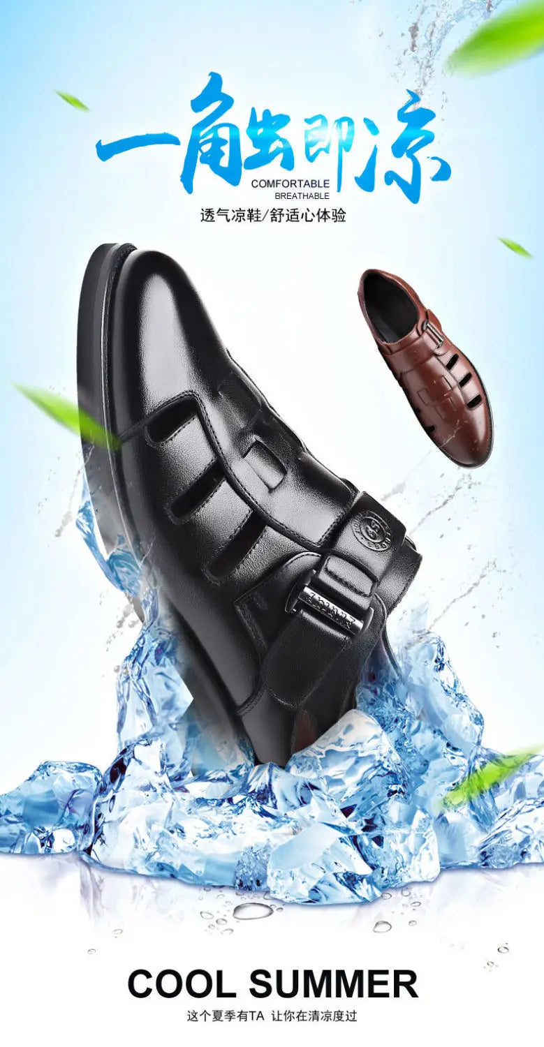Men's Summer New Style Business Casual Genuine Leather Sandals With Hollow Outsole Anti-Slip Middle-Aged Father Leather Shoes