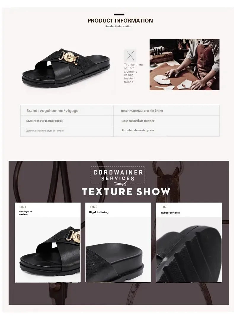 Trendy Versatile Men's Slippers Soft Sole One-Piece Genuine Leather Beach Shoes Cross Strap Casual Shoes Summer 2024