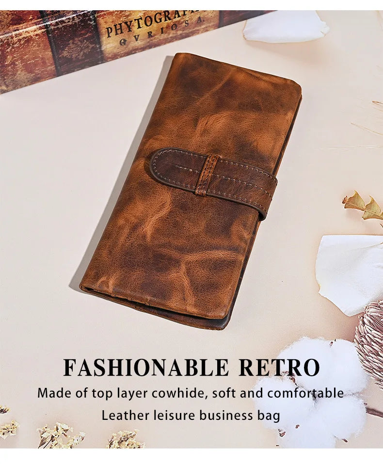 Vintage Genuine Leather Men's Long Wallet Real Cowhide Leather Long Purse Men Women Smooth Skin Leather Card Purse Anti Theft