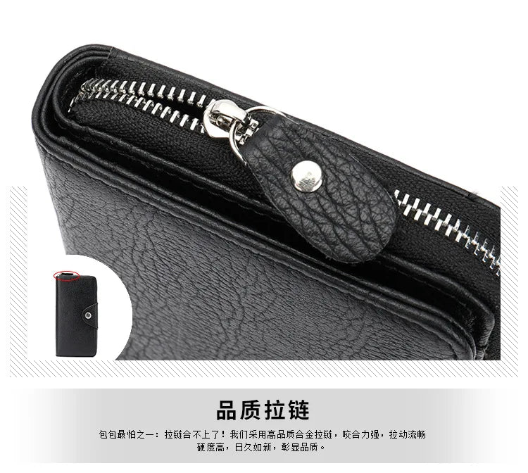 Leather long wallet men's top layer cowhide black business wallet horizontal square hand-held bag