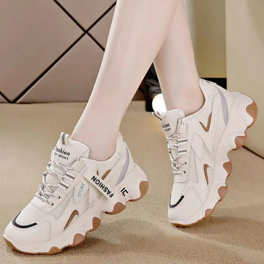 Spring 2025 New Shoes for Women: Ins Trendy Thick soled Height Increasing White Shoes, Casual Breathable Women's Sports Shoes