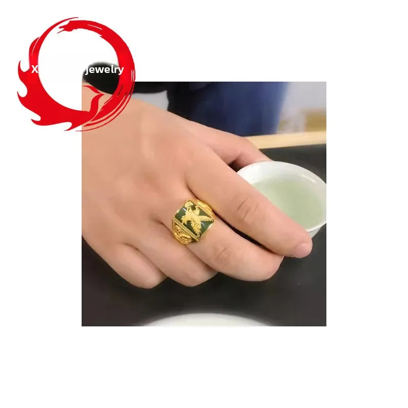 Men's Eagle Ring Embedded Agate Imitation Gold Plating Sand Gold Live Broadcast Ring Geometric Style Retro Fashion Jewelry