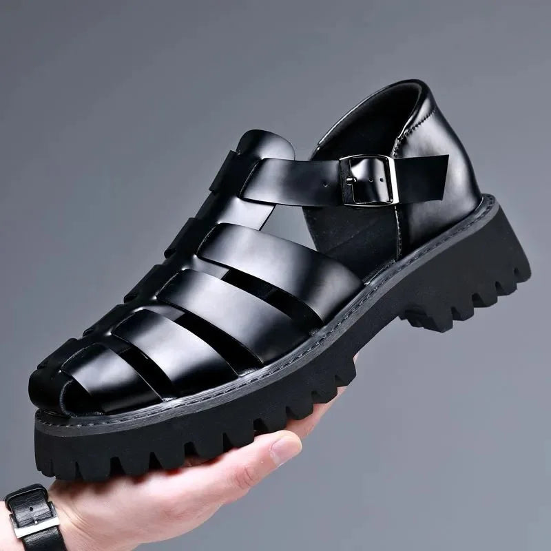 Fashion New Designer Platform Sandals for Men 2025 Summer Buckle Leather Dress Sandal Shoes Man Big Size Black  Sandalias Hombre