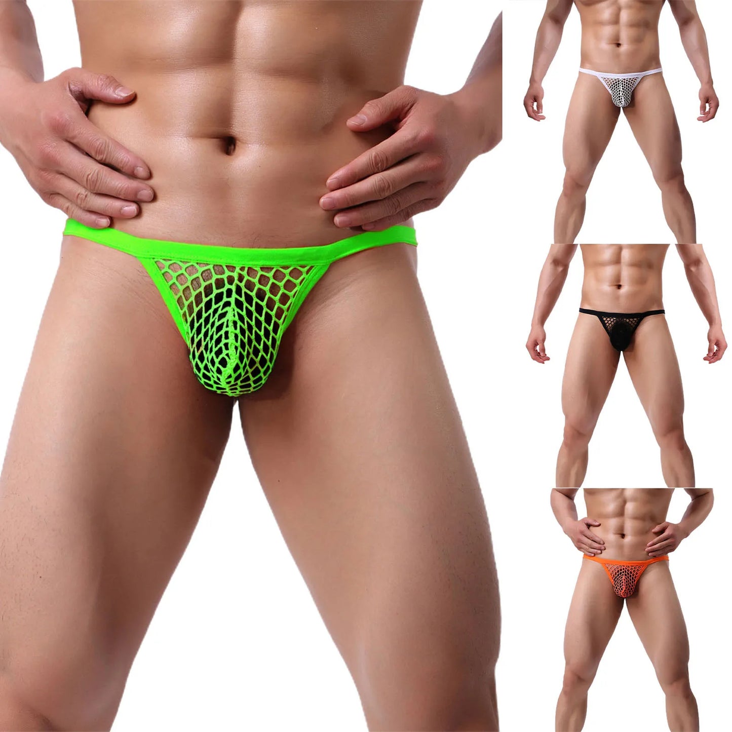 Men's Underwear Sexy Thong Pouch Plaid Mesh Hollow Comfortable Men's Underwear Summer Breathable Underpants U Convex Lingerie