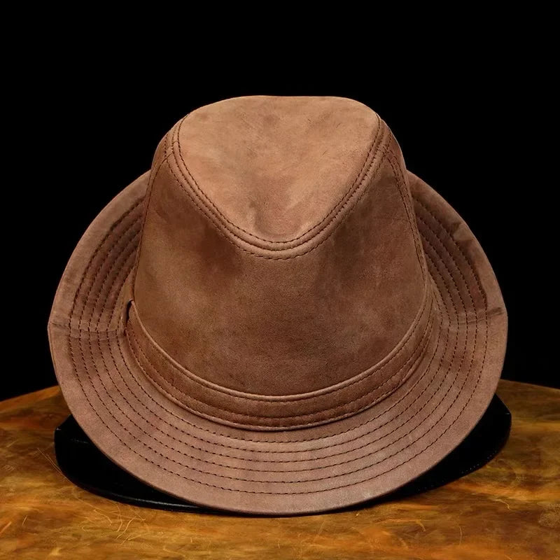 Retro Genuine Leather Cowhide Gentleman Fedoras Hat for Men Travel Warm Autumn Winter Top Hat