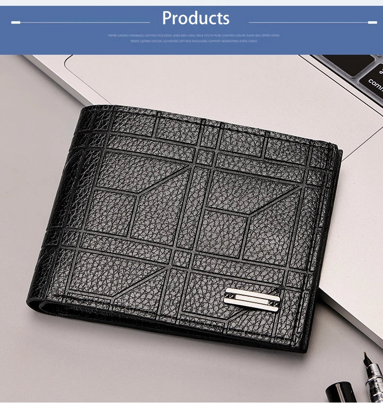 Men's Checkered PU Leather Wallet - Multi Card Slot, Business Style, Solid Color, Ideal Gift for Men