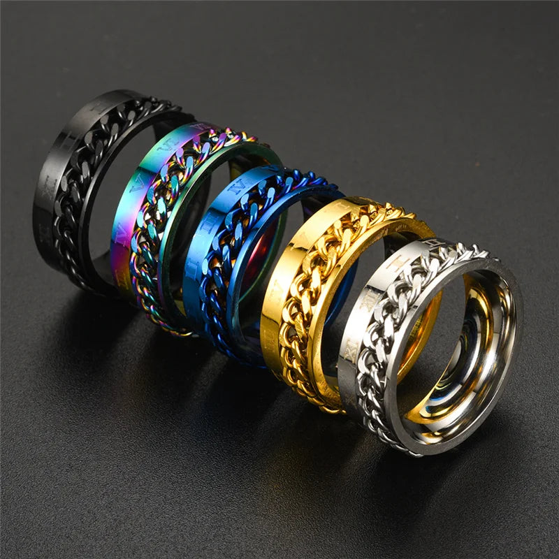 Stainless Steel Rotatable Chain Ring for Couples Jewelry Spinner Fidget Release Anxiety Ring Multifunctional Anillos De Ansiedad