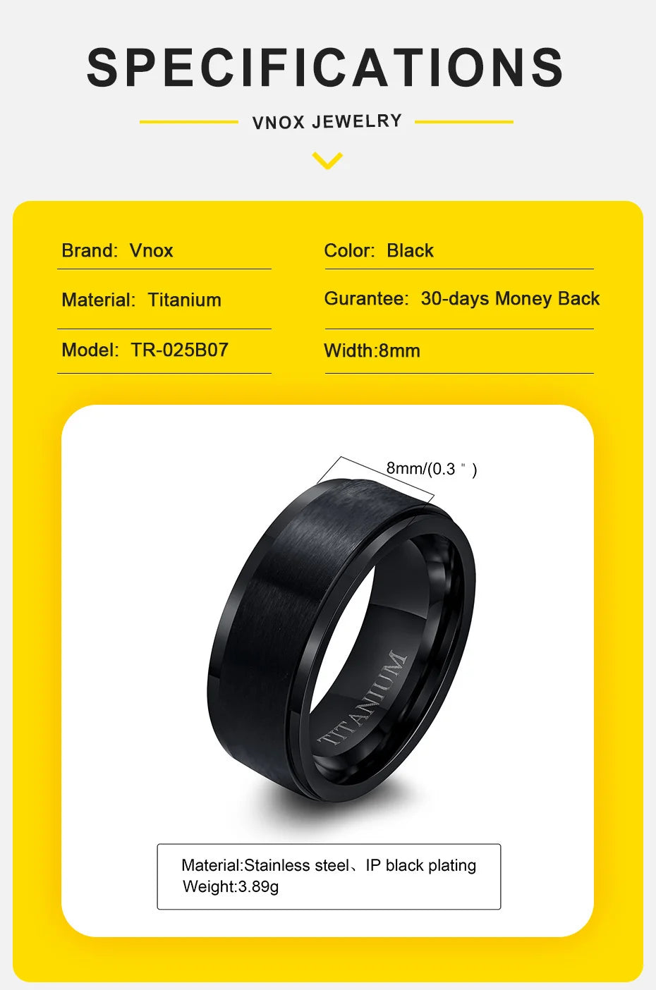 Vnox 8mm Black Titanium Ring for Men,Simple Matte Surface Wedding Band, US Size #7- #12