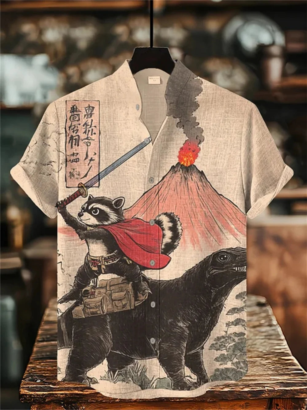 Men's Japanese Retro Art Print Short Sleeve Stand up Collar Linen Shirt Casual plus Size Fashion Fast Shipping
