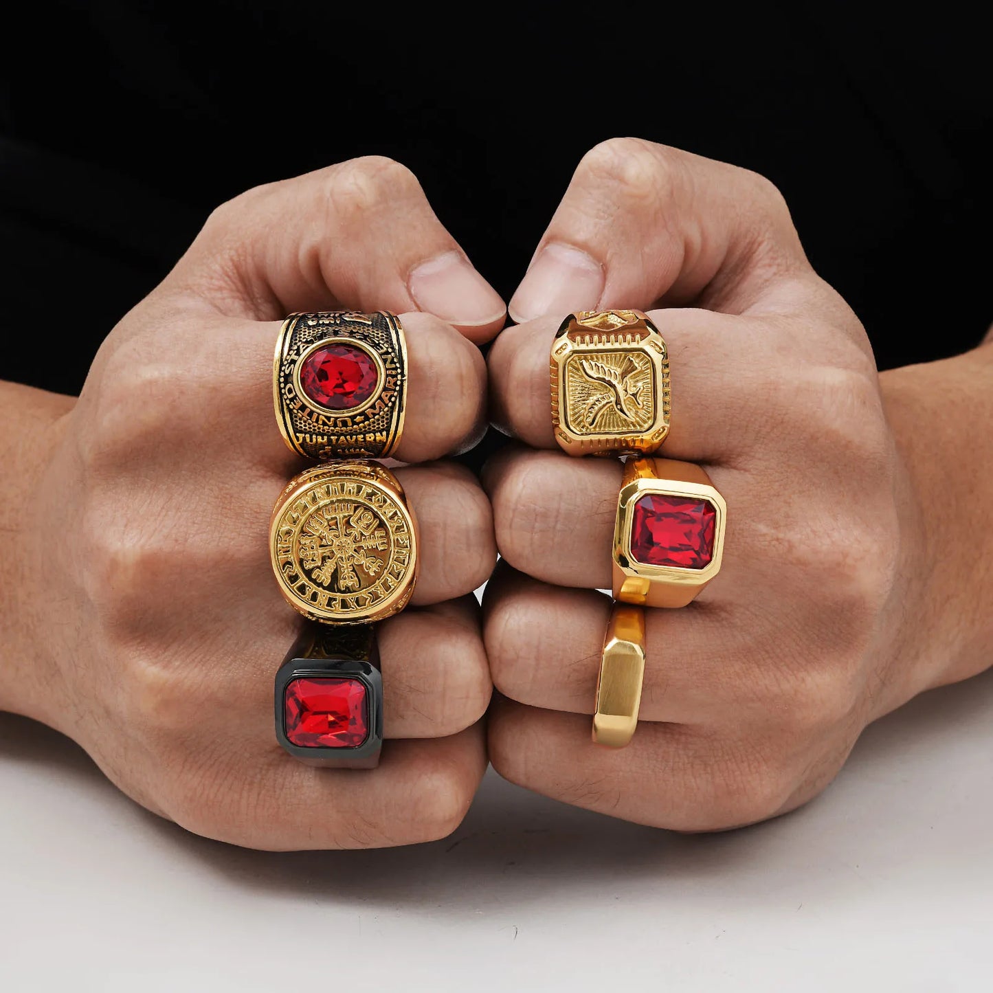 Punk Ethnic Red Stone Ring for Men,Gold Plated Stainless Steel Signet Ring,Square Round Ring Jewelry Gift