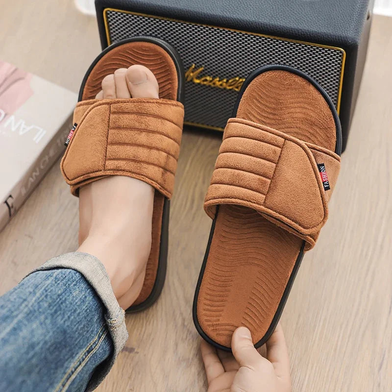 Men's Fashion Slippers Solid Color Flat Heel Retro Style Solid Color Ultra-light Soft Sole Silent Home Suede Casual Shoes
