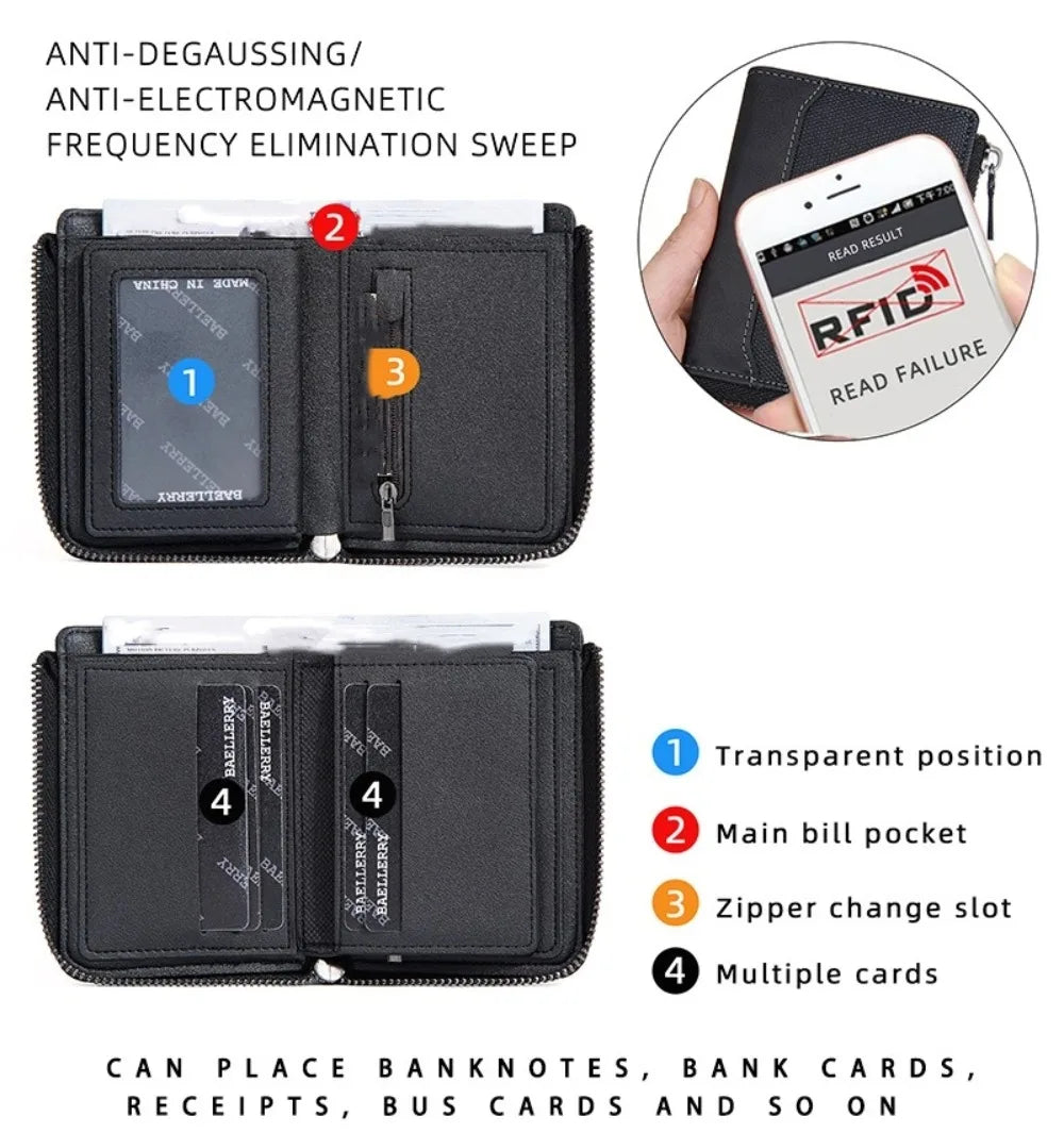 Portable PU Leather Men's Wallet Multi-functional Large Capacity Short Card Bag Zipper Closure Square Business Wallet Male