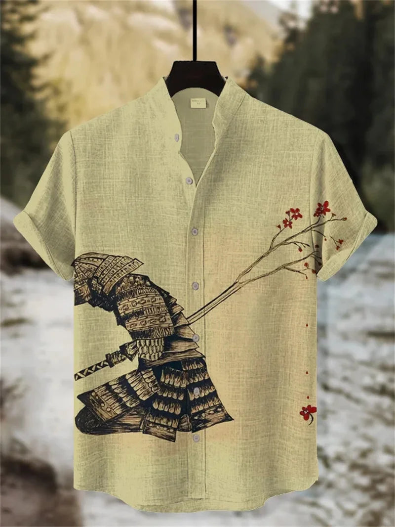 New retro and stylish linen short sleeved shirt, men's samurai armor, plum blossom printed casual top