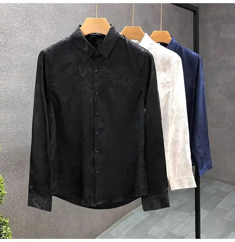 Men's High-end Shirt Spring and Autumn Summer Long-sleeved Handsome Dark Pattern Shirt Slim and Trendy Brand Versatile Top