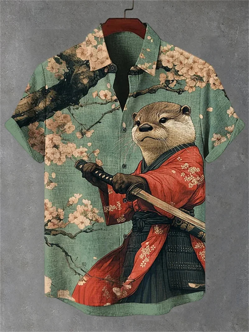 Men's Volcano Animal Pattern Linen Shirt Summer Fashion Short Sleeve Button Collar Shirt Hawaii Casual Shirt Top