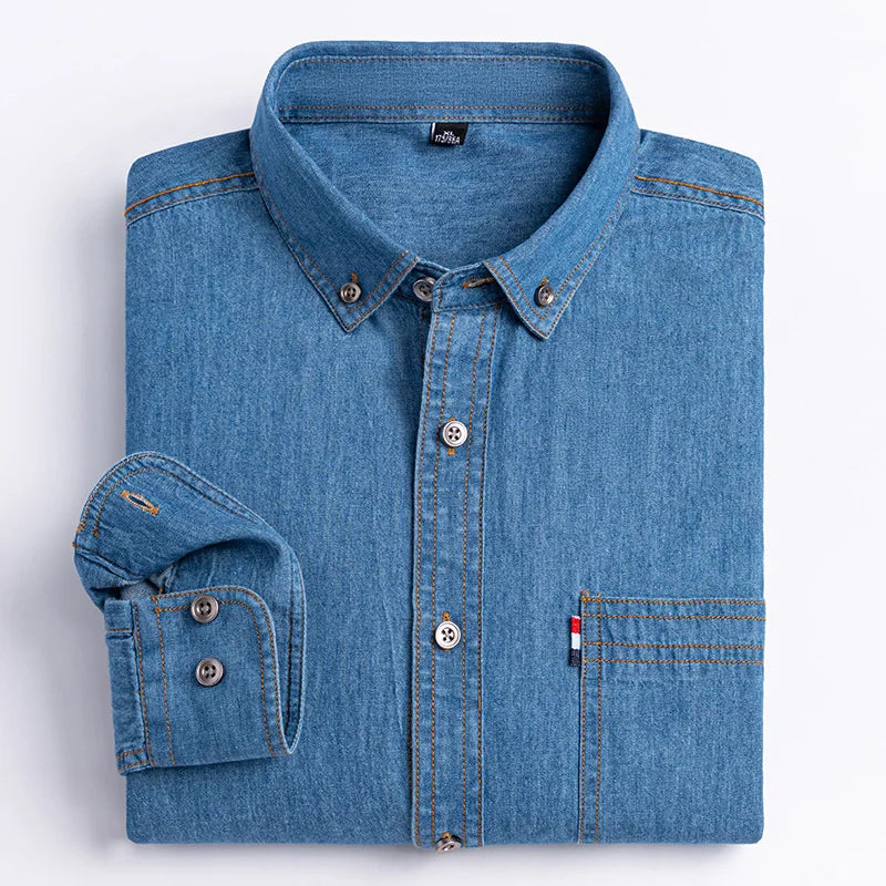 New men's long-sleeved shirt 100% cotton denim spring/summer casual non-ironing high quality breathable plus size solid color